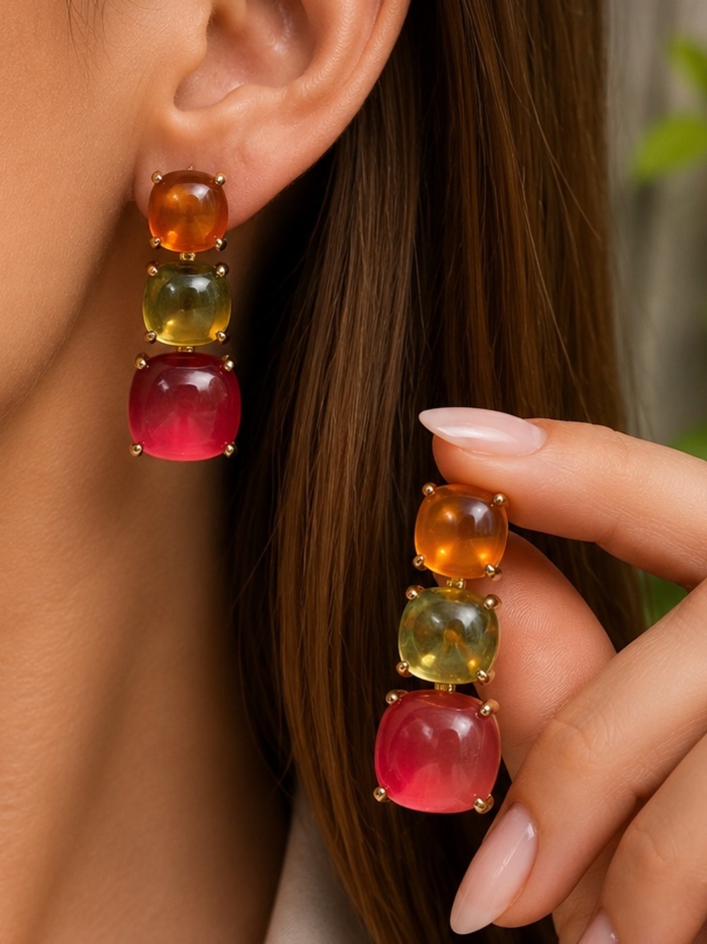 multicolor Drop Earrings in Orange, Green & Pink - Picture 1 of 2